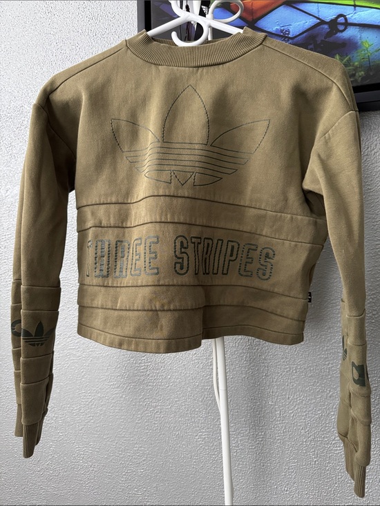 adidas Sweaters - adidas Olive Green Cropped Bomber Jacket with Embossed Trefoil